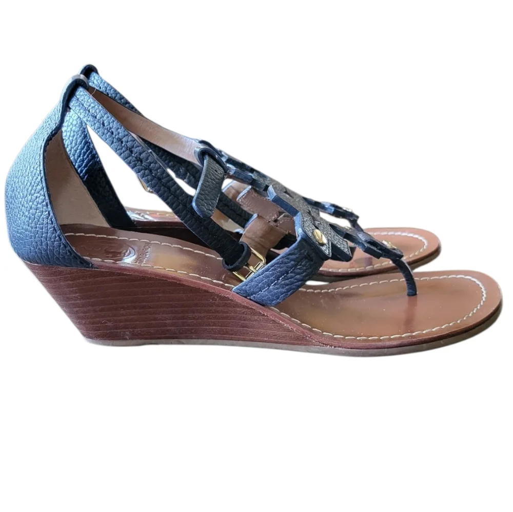 TORY BURCH Chandler Navy Brown Wedge Sandals 7 - Picture 2 of 6